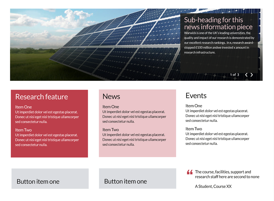 Slideshow plus quote (slideshow, three content blocks, two buttons, quote)
