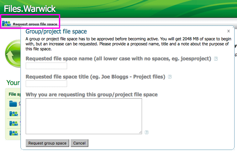 Request a group file space