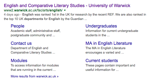 Sitelinks in Google search results for Department of English