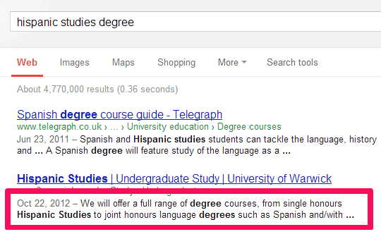 Google search results for query "hispanic studies degree" showing highlighted description