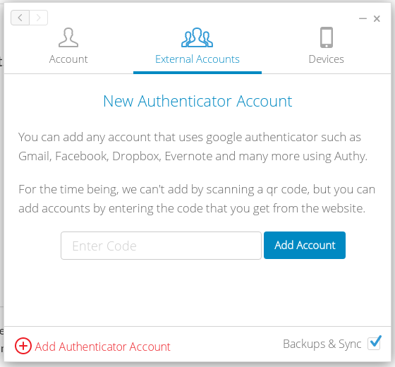 Screenshot of Authy, showing how to add a new account by entering the secret in the "Enter Code" box.