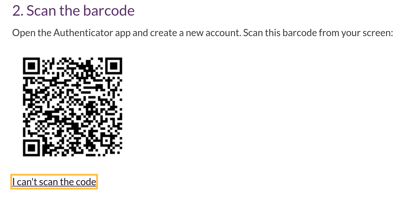Image showing set-up process, with "I can't scan the code" link highlighted
