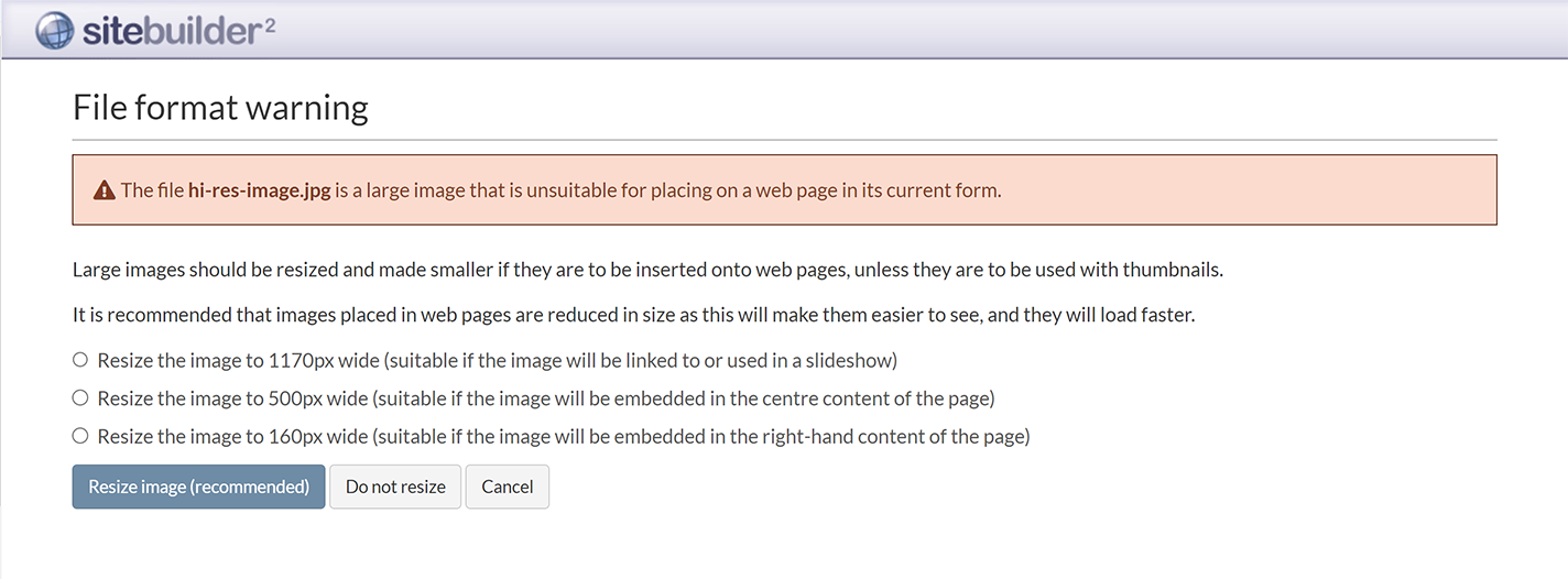 The SiteBuilder warning screen when uploading a high-resolution image