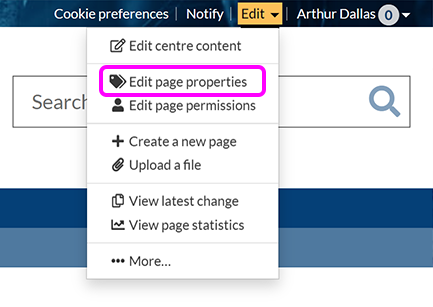 The SiteBuilder page 'Edit' menu, with the 'Edit page properties' option highlighted