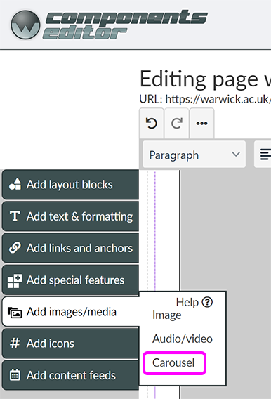 The 'Add images/media' menu, with the 'Carousel' option highlighted