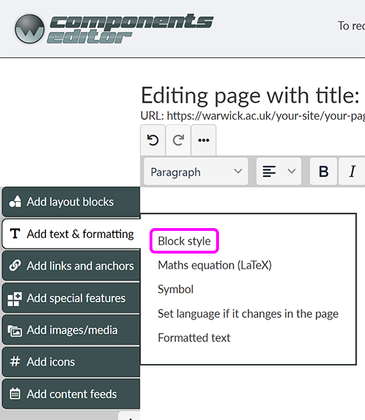 The 'Add text& formatting' menu, with the 'Block style' option highlighted