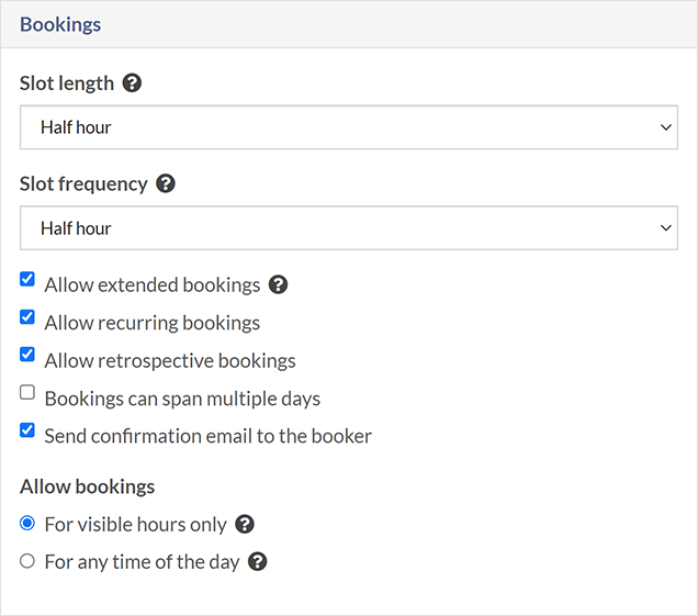 The 'Bookings' section of the Resource settings screen