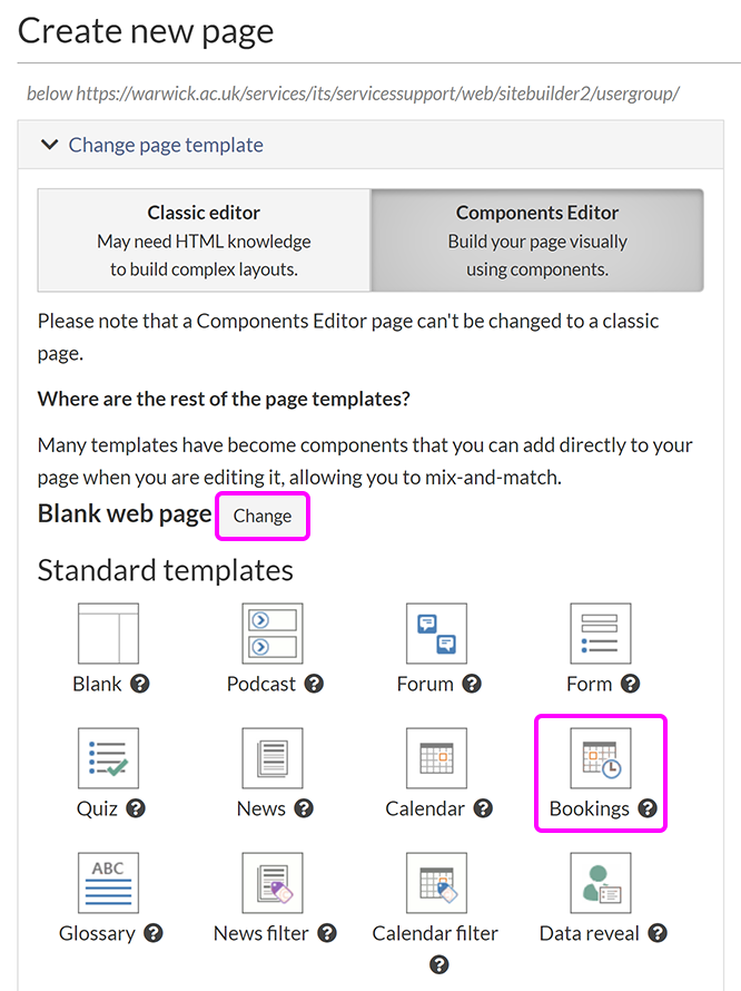 The 'Create new page' screen with the'Change' button and Bookings template highlighted