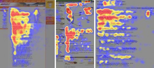 Three websites with heat maps of where people look on them