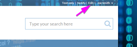 Screenshot of utility bar links with arrow pointing to Edit link