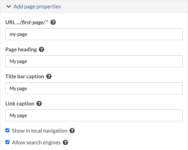 The first part of the 'Add page properties' section, with boxes to enter the page URL, heading, Title bar caption, and Link caption, and select whether the page should display in local navigation or appear in search engines.