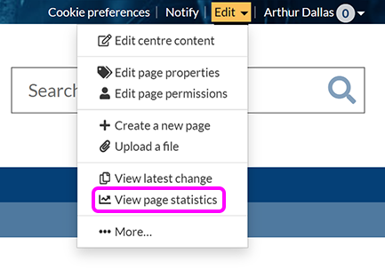 The SiteBuilder 'Edit' menu, with the option to 'View page statistics' highlighted