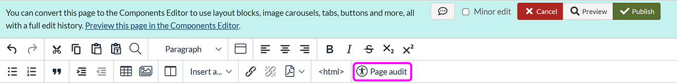 The old visual editor toolbar, with the 'Page audit' button highlighted