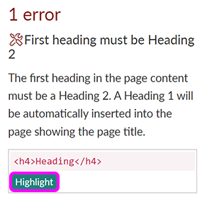 An accessibility warning description, with the 'Highlight' button highlighted