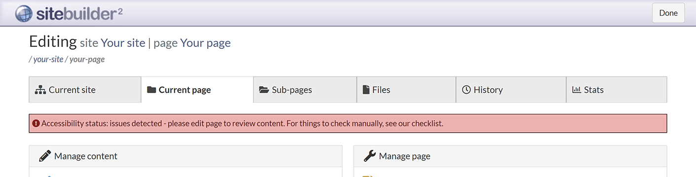 The 'Current page' tab, displaying an accessibility banner indicating issues to resolve