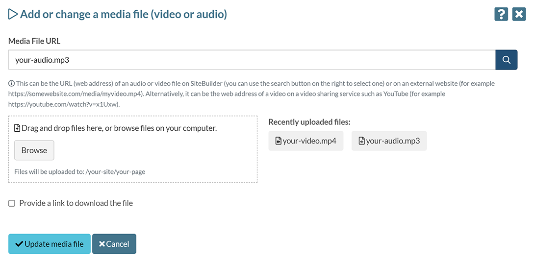 The 'Add or change a media file (video or audio)' pop-up, with an audio file selected