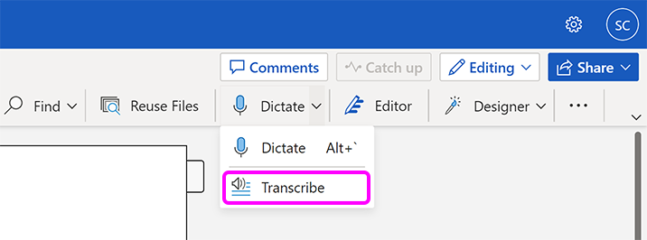 The 'Dictate' menu in Microsoft 365, with the 'Transcribe' option highlighted