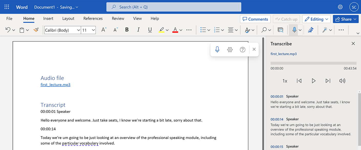 A transcript added to the Word document with both speakers and timestamps displayed