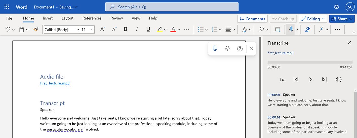 A transcript added to the Word document with speakers displayed