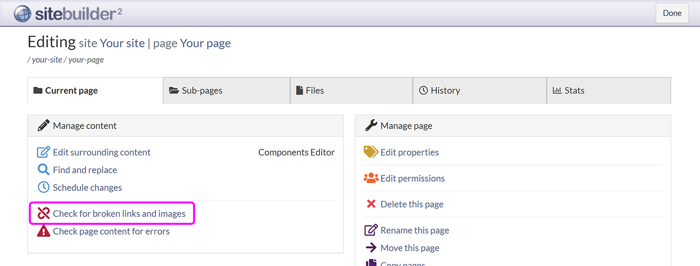 The 'Current page' tab in SiteBuilder, with the option to 'Check for broken links and images' highlighted
