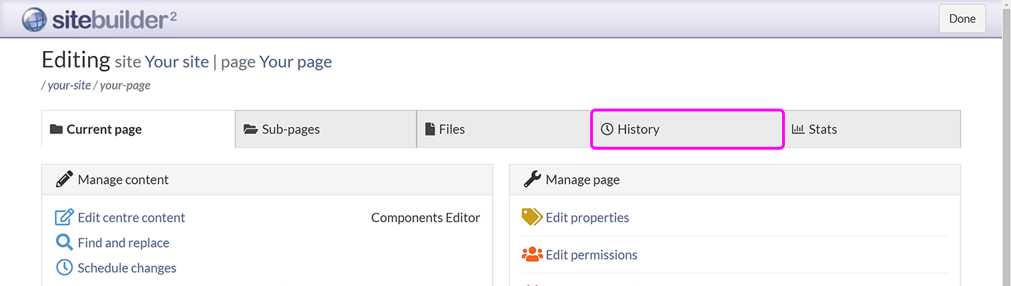 The SiteBuilder 'Editing' screen, with the 'History' tab highlighted