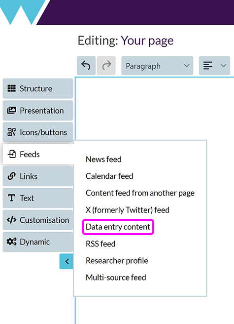 The 'Add content feeds' menu, with the 'Data entry content' option highlighted