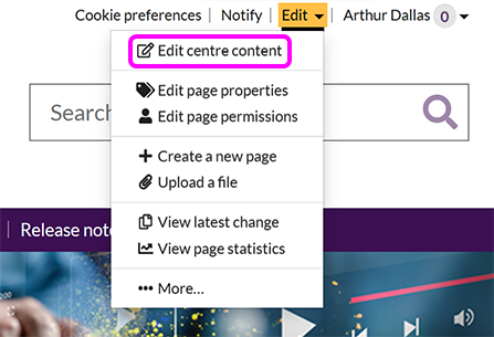 The SiteBuilder 'Edit' menu, with the 'Edit centre content' option highlighted