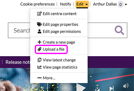 The SiteBuilder 'Edit' menu, with the 'Upload a file' option highlighted