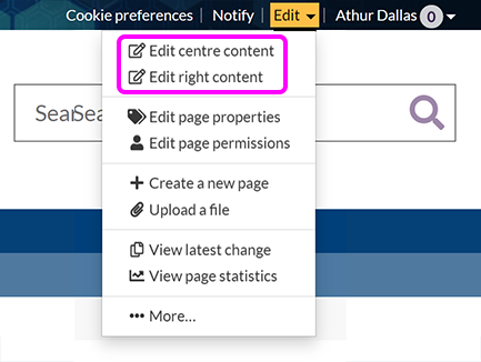 The SiteBuilder 'Edit' menu, with the 'Edit centre content' and 'Edit right content' options highlighted