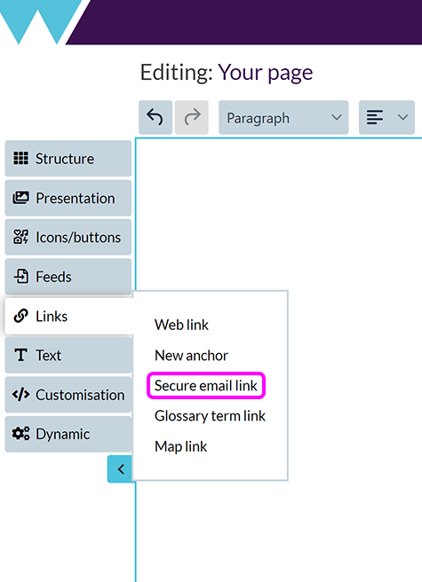 The Components Editor 'Add links and anchors' menu, with the 'Secure email link' option highlighted