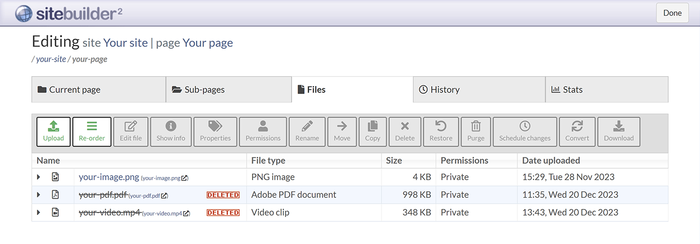 The 'Files' tab in SiteBuilder, showing some active and some deleted files