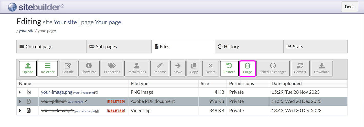 The 'Files' screen, with files to be purged selected, and the 'Purge' button highlighted