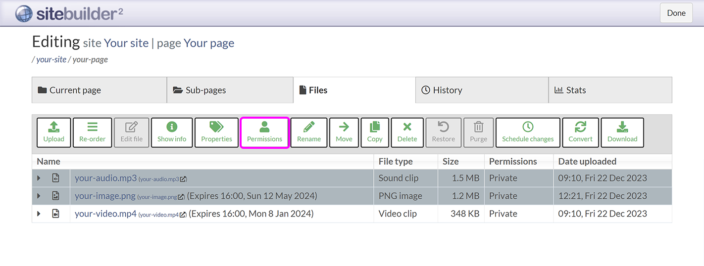 The 'Files' tab in SiteBuilder, with multiple files selected and the 'Permissions' button highlighted