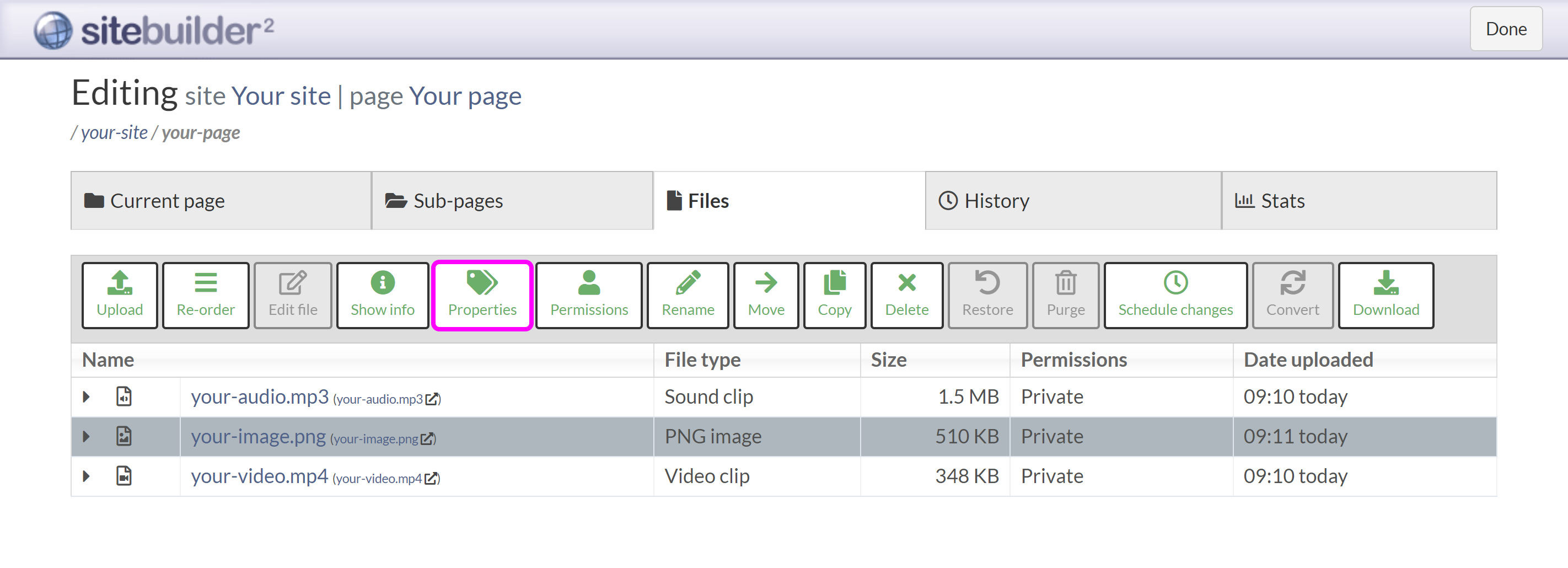 The Files tab in SiteBuilder, with a file selected and the 'Properties' button highlighted