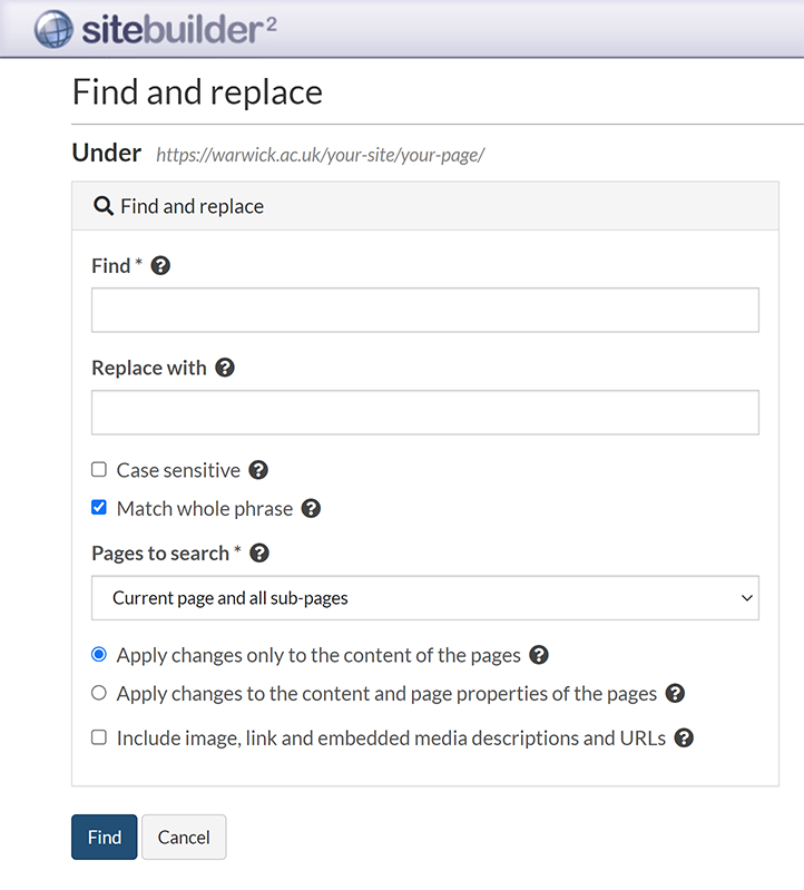 The 'Find and replace' screen in SiteBuilder