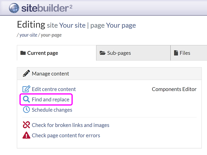 The 'Current page' tab in SiteBuilder, with the 'Find and replace' option highlighted