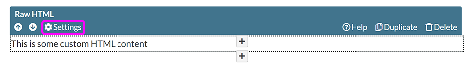 A selected Custom HTML component, with the 'Settings' option highlighted in the component toolbar