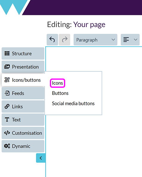 The 'Add icons' menu in the Components Editor, with the 'Icons' option highlighted