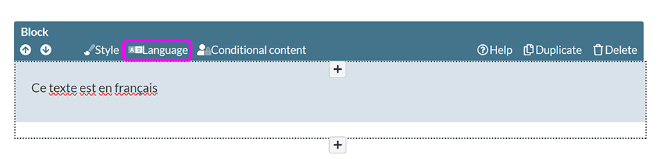 A selected content block, with the 'Language' option highlighted in the component toolbar