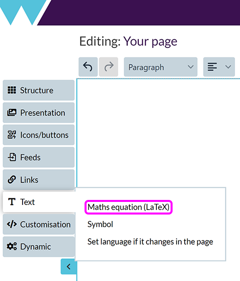 The 'Add special features' menu in the Components Editor, with the 'Maths equation (LaTeX)' option highlighted