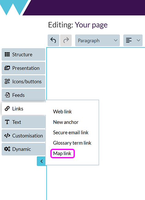 The 'Add links and anchors' menu with the 'Map link' option highlighted