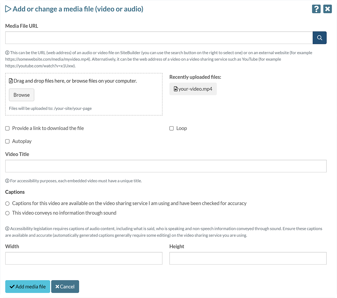 The 'Add or change a media file (video or audio)' pop-up