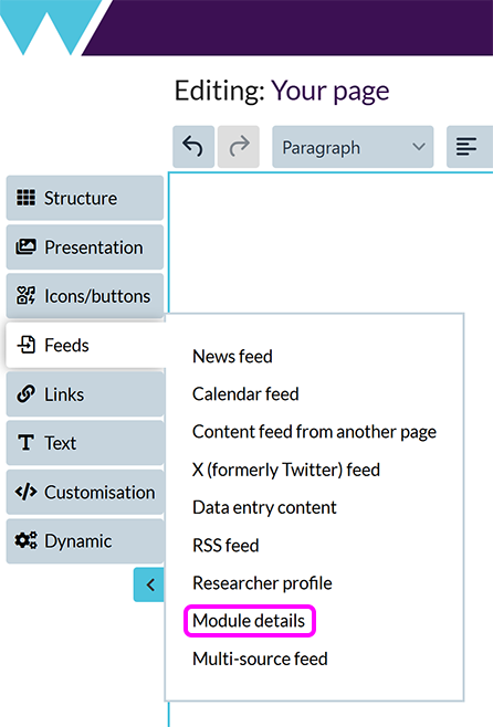 The 'Add content feeds' menu, with the 'Module details' option highlighted