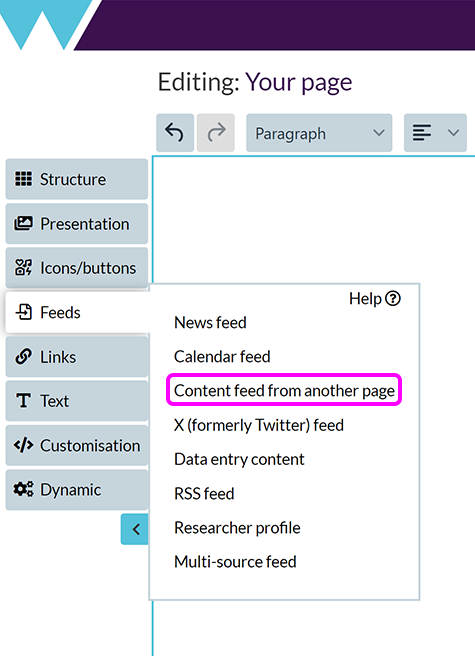 The 'Add content feed' menu, with the 'Content feed from another page' option highlighted