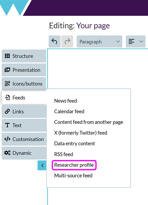 The 'Add content feeds' menu, with the 'Researcher profile' option highlighted