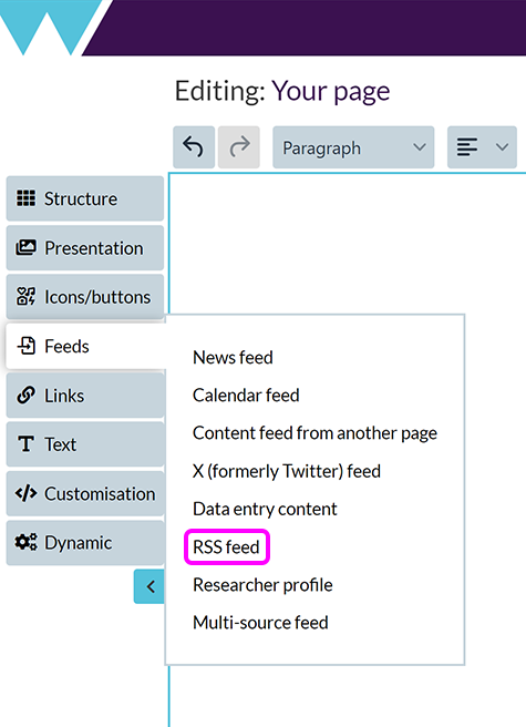 The 'Add content feeds' menu, with the 'RSS feed' option highlighted