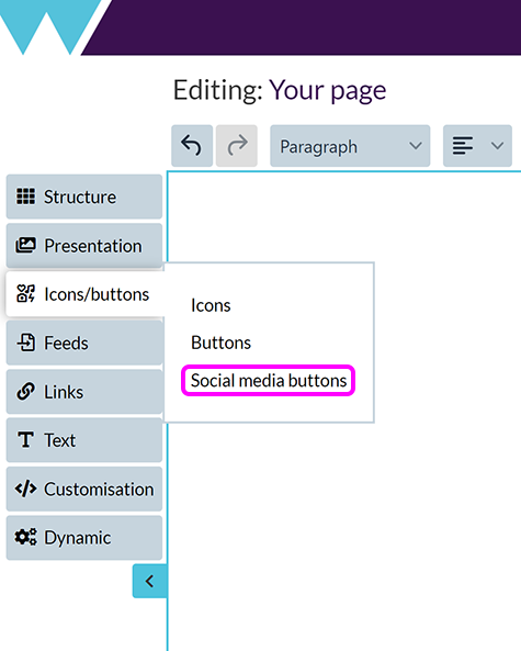 The 'Icons' menu in the Components Editor, with the 'Social media buttons' option highlighted