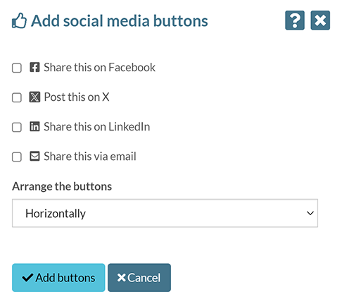 The 'Add social media buttons pop-up'