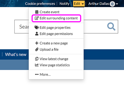 The SiteBuilder 'Edit' menu, with the 'Edit surrounding content' option highlighted