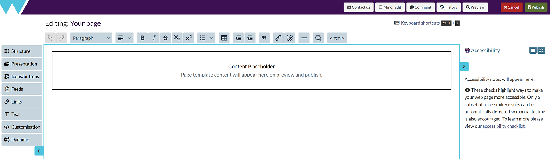 The Components Editor screen, with a Content Placeholder block in the place of dynamic page content